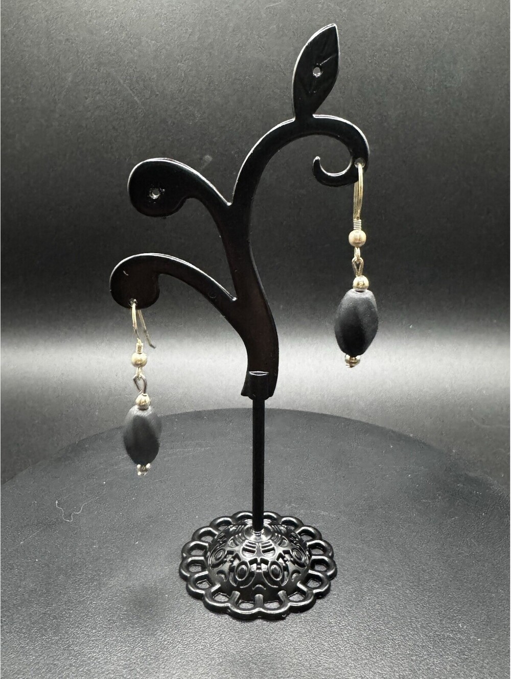 Mexico Black Obsidian Matte Oval Bead Drop Earrings Silver Tone Fishhook Dangles